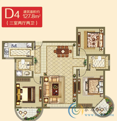 D4戶型127.8㎡ 三室兩廳一衛(wèi)