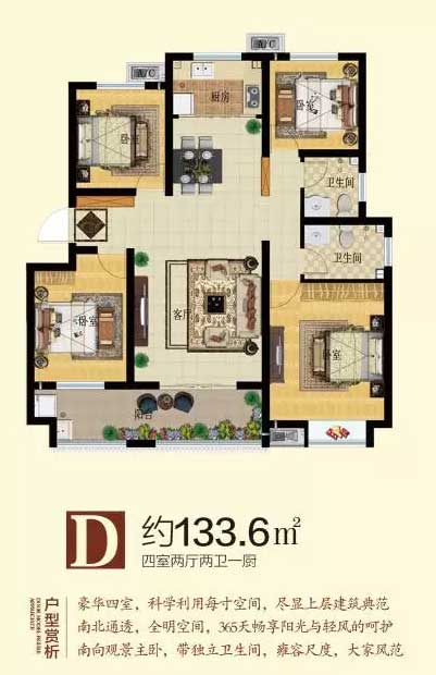 陽(yáng)光新城D戶(hù)型133.6㎡ 四室兩廳兩衛(wèi)一廚