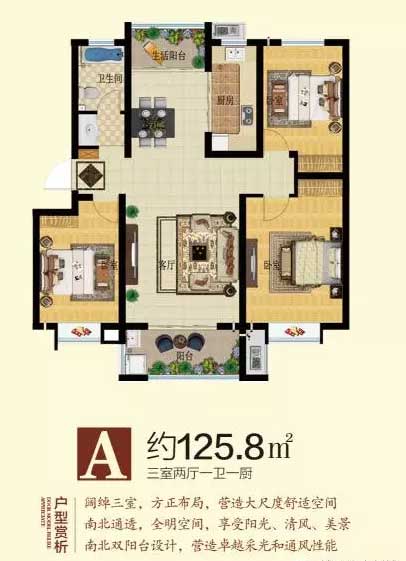 陽(yáng)光新城A戶(hù)型125.8㎡ 三室兩廳一衛(wèi)一廚