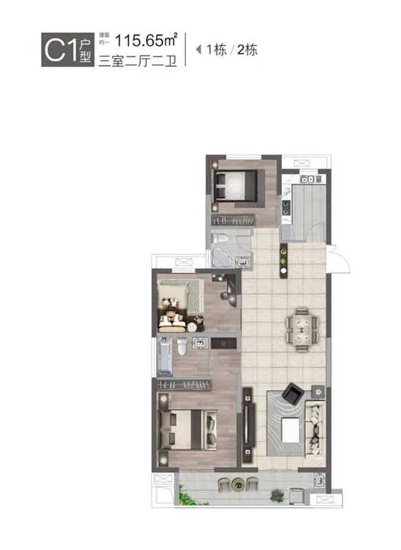 泰魯C C1戶型三室兩廳兩衛(wèi) 建面115.65㎡